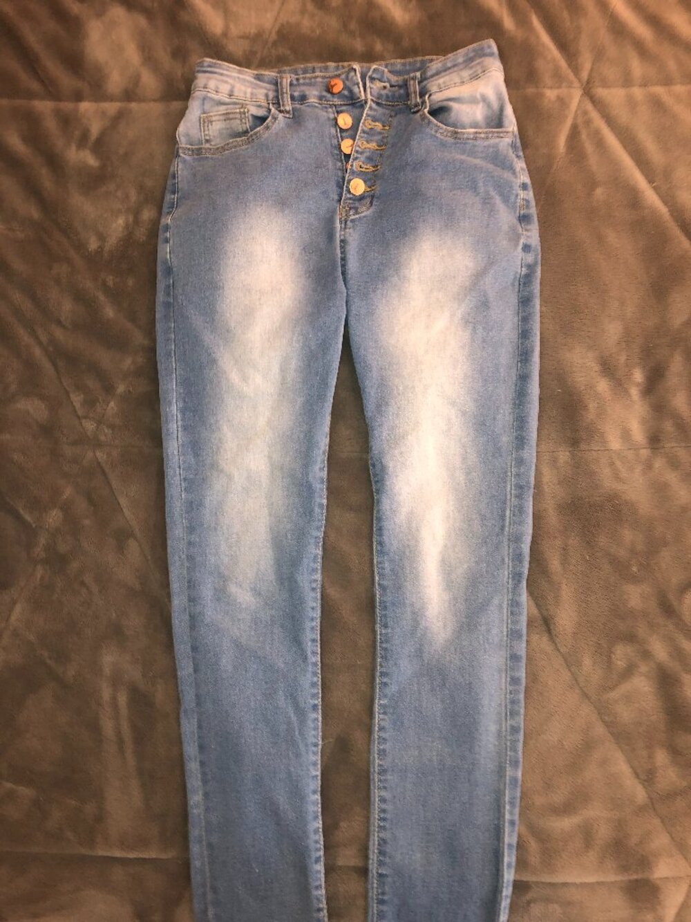 Kunmi, Size Small. Light Denim Jeans w/Pockets; Button-Up Instead of Zipper